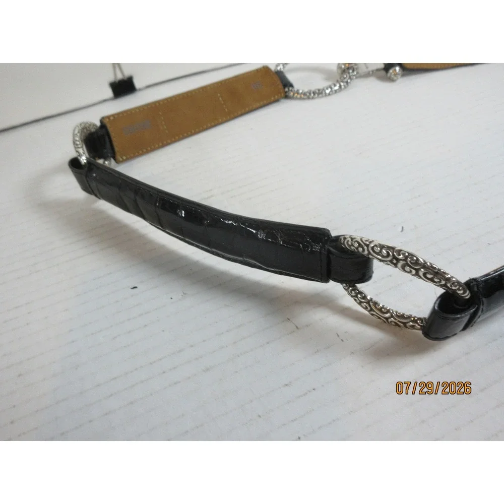Brighton Black Croc Embossed Patent Leather Link Belt Silver Ornate Hardware 38